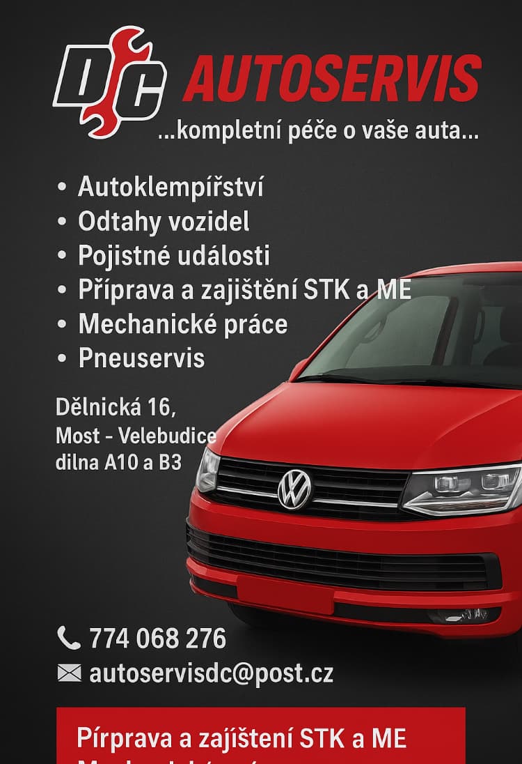 Propagační materiál Autoservis DC s červeným VW Transporter